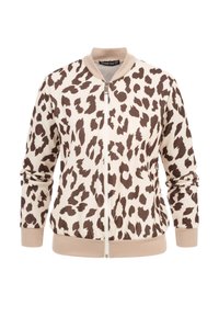 Veste zippée beige et marron à imprimé léopard, avec col, poignets et ourlet côtelés, fermeture zippée à l'avant, et manches longues.
