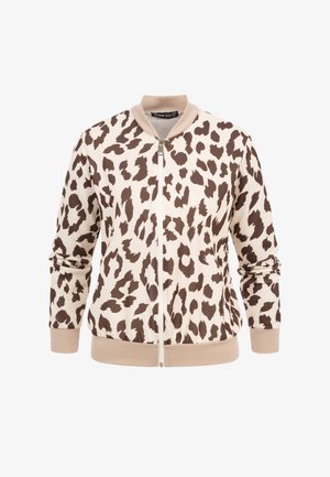 Beige og brun leopardprint lynlåstrøje med ribbet krave, ærmekanter og kant, lynlåslukning foran og lange ærmer.