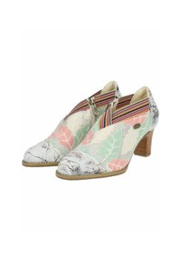 Stivaletti multicolori con un mix di motivi floreali in tonalità pastello, chiusura con zip e tacco medio in legno. Dettagli testurizzati multicolori.