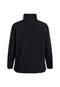 Pull en polaire noire avec un col haut, des manches longues et un ourlet droit. Présente une couture horizontale sur le haut du dos. Texture douce.