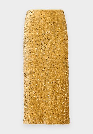 Jupe midi dorée recouverte de sequins brillants avec une coupe droite et une taille haute sur fond blanc.