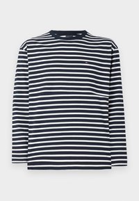 Marineblå og hvite striper langermet t-skjorte med rund hals og en liten logodetalj på brystet. Bomullsstoff med en jevn tekstur.