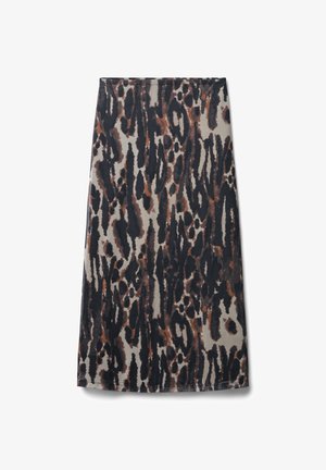 Leopardenmuster-Rock in Beig, Schwarz und Brauntönen. Glatte Textur, knielang, mit geradem Schnitt und dezenten Steppdetails.