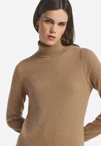 Brązowy sweter typu golf wykonan z miękkiej dzianiny, o dopasowanym kroju z długimi rękawami i minimalistycznym wykończeniem szwów.