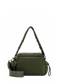 Borsa a tracolla verde in tessuto con manico intrecciato e tracolla regolabile, dotata di una tasca frontale con zip e dettaglio del logo impresso.