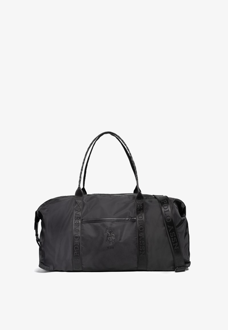 Černá sportovní taška z nylonu. Má horní zip, přední kapsu a detaily s logem. Obsahuje horní madla a nastavitelný ramenní popruh.