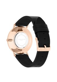 Runde Uhr mit einem Gehäuse aus roségoldfarbenem Edelstahl, schwarzem Gummiarmband, Quarzwerk und Wasserbeständigkeit bis zu 5 ATM.