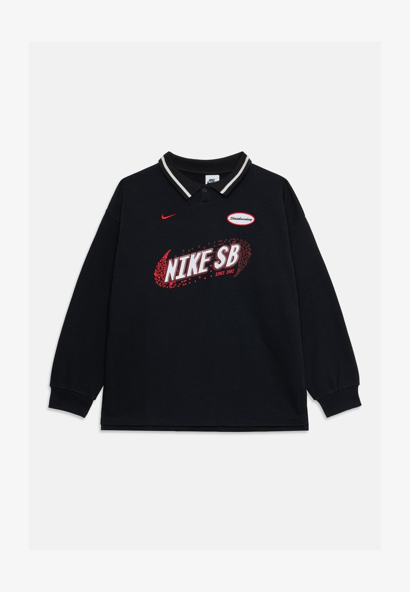 Μαύρο μακρυμάνικο πόλο μπλουζάκι με λευκή και κόκκινη ρίγα στον γιακά, που διαθέτει μεγάλο κόκκινο γραφικό 'NIKE SB' και λογότυπο στην περιοχή του στήθους.