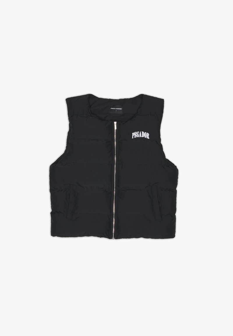 Black padded vest with a front zipper, side pockets, and a logo on the upper left. Features a sleeveless design and quilted texture.