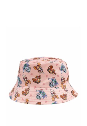 Pink bucket hat patterned with cartoon puppies wearing colorful accessories and small heart shapes scattered across the fabric.