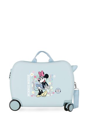 Maleta infantil azul claro con ruedas, con la imagen de Minnie Mouse llevando un lazo rosa y un vestido azul con lunares sobre un fondo floral.