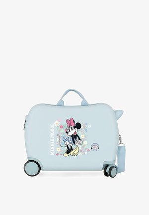 Maleta infantil azul claro con ruedas, con la imagen de Minnie Mouse llevando un lazo rosa y un vestido azul con lunares sobre un fondo floral.