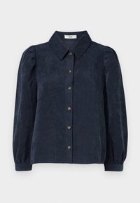 Navy blue corduroy shirt with a collared neckline, front button closure, and puffed sleeves. Features vertical ribbed texture.