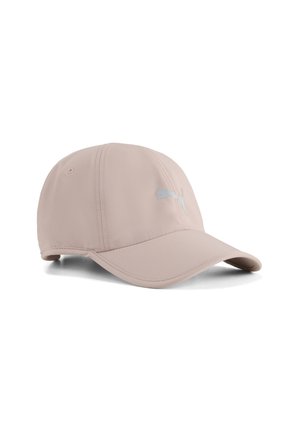 Lichtbeige baseballpet met gebogen klep en subtiel reliëflogo op het voorpaneel, afgebeeld tegen een witte achtergrond.