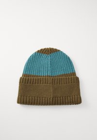 Knitted beanie in teal and brown, featuring a ribbed texture with a folded cuff, contrasting colors, and a snug fit.