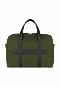 Olivgrüner Stoffbeutel mit schwarzen Lederelementen, ausgestattet mit zwei Griffen und einem vorderen Riemen. Rechteckige Form mit einem Reißverschluss.