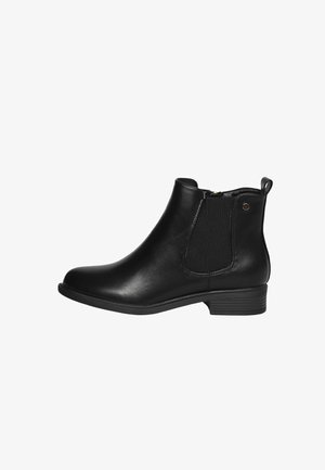Stivali neri alla caviglia in pelle liscia con pannelli laterali elastici, punta rotonda, tacco basso a blocco e chiusura con zip sul retro.