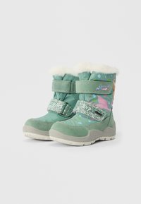 Botas de inverno infantis em verde-claro, com tiras brilhantes, forro de pêlo sintético e um design de sereia nas laterais.