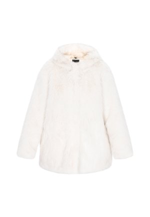 Witte nep bontjas met een capuchon, met een zachte, pluche textuur, lange mouwen en een sluiting aan de voorkant. Geen zichtbare patronen of accenten.