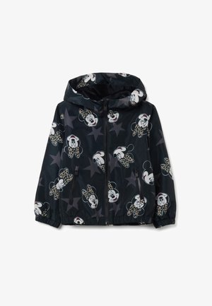 Veste à capuche noire pour enfants avec fermeture éclair, ornée de motifs répétés de visages de Minnie Mouse avec des nœuds à imprimé léopard et des étoiles grises.