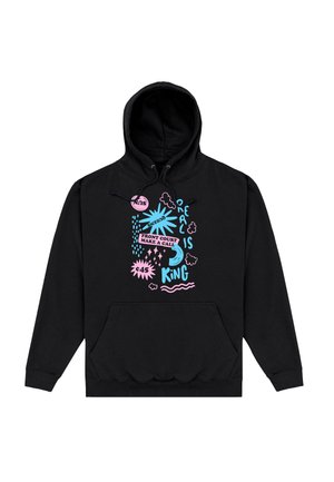 Sort hættetrøje med farverig grafisk tekst og former inklusive "REAL IS KING", "FRONT COURT MAKE A CALL" og "€45" i blå og pink.