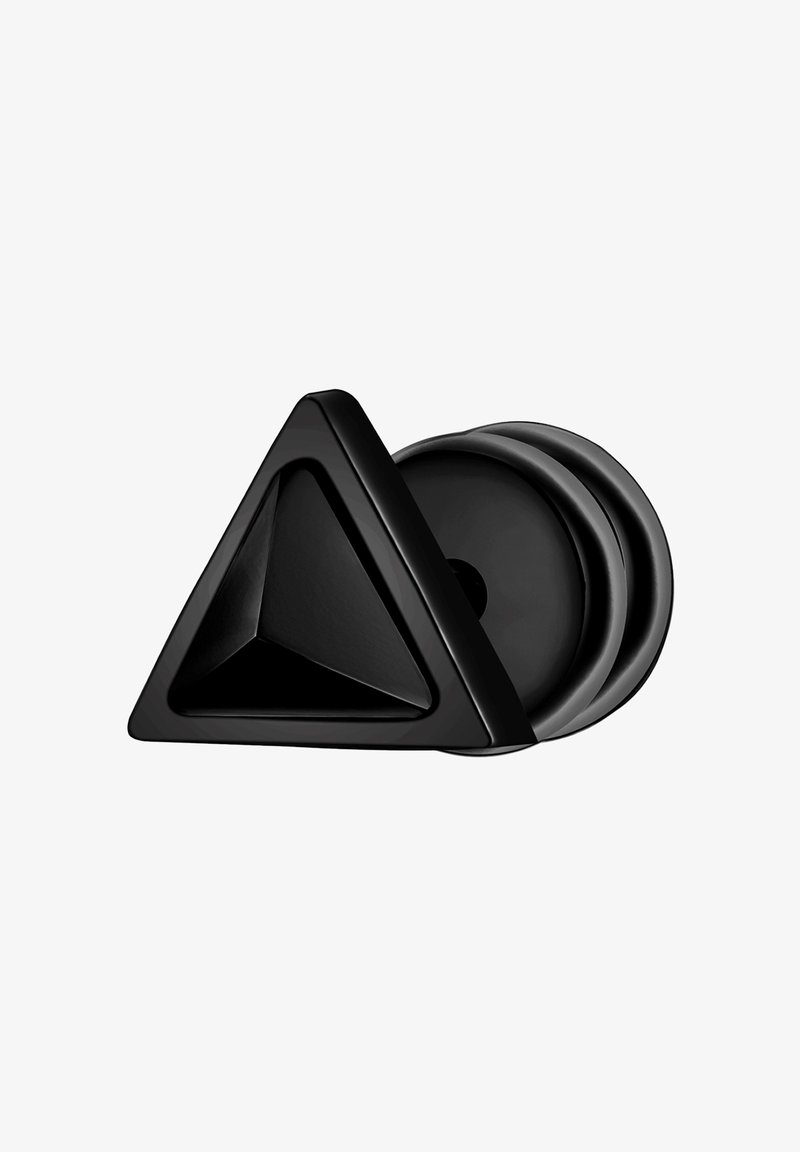 Elemento de hardware triangular negro con una textura suave y un centro hueco, que presenta anillos circulares para sujeción.