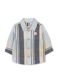 Camicia button-up di colore azzurro chiaro, motivo a quadri grigi e crema. Presenta un colletto a punta, maniche lunghe e una toppa con logo sul petto.