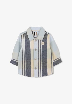 Overhemd met knoopsluiting in lichtblauw, grijs, crèmekleurig geruit patroon. Heeft een puntige kraag, lange mouwen en een logo badge op de borst.