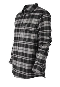 Schwarzes und graues kariertes Flanellhemd mit Button-Down-Kragen, langen Ärmeln und einer Brusttasche mit einem Logo-Aufnäher. Weicher Stoff.