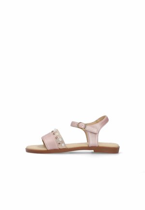 Pink satin open-toe sandal with adjustable ankle strap, decorative gems on the strap, flat sole, and smooth texture.