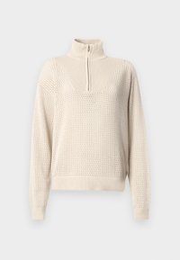 Lys beige, glidelås genser med strukturert krage, med et teksturert mesh-mønster, ribbede mansjetter og midjebånd.
