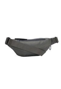 GRAUEN STOFF GÜRTELTASCHE mit einem eleganten Design, die eine vordere Reißverschlusstasche und einen verstellbaren Riemen für eine sichere Passform bietet. Strukturiertes Oberflächendetail.