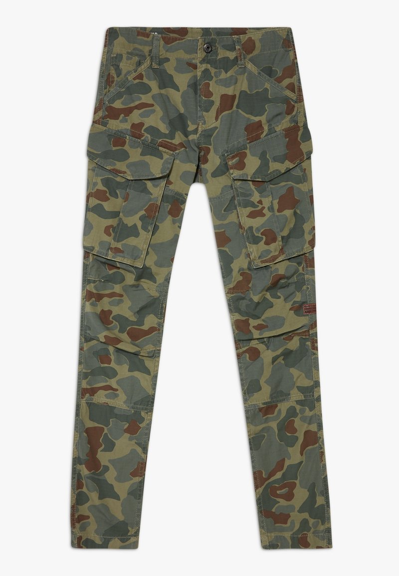 Pantalon cargo pour homme à coupe ajustée avec motif camouflage vert et marron, doté de poches à rabat latérales et d'une fermeture à boutons à l'avant.