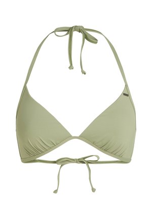 Olivovo zelený bikiny top s trojuholníkovým dizajnom, štruktúrovanou tkaninou, viazanými ramienkami a nariasenými detailmi pozdĺž okrajov.