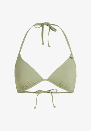 Olivovo zelený bikiny top s trojuholníkovým dizajnom, štruktúrovanou tkaninou, viazanými ramienkami a nariasenými detailmi pozdĺž okrajov.