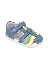 Sandalia de cuero azul con franjas amarillas, verdes y blancas. Cuenta con una correa ajustable y un diseño de punta abierta, suela texturizada para mayor agarre.