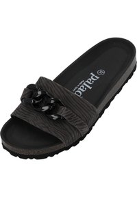 Zwart en grijs gestreepte schuilsandalen met twee zwarte kettingaccenten op de band en een gestructureerde rubberen zool. Zachte voetbed voor comfort.