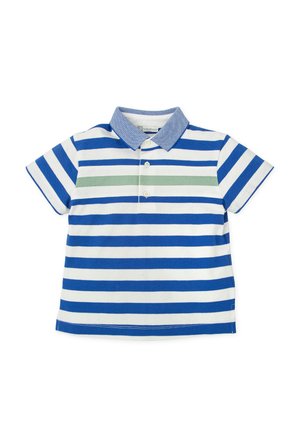 Polo de manga corta con rayas horizontales azules y blancas, una franja verde claro en el pecho y un cuello azul texturizado.