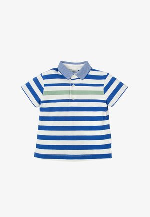 Polo de manga corta con rayas horizontales azules y blancas, una franja verde claro en el pecho y un cuello azul texturizado.