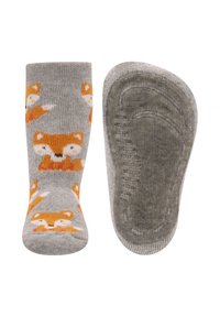 Graue Socken mit einem Muster aus orangefarbenen und weißen Füchsen, geripptem Oberteil und strukturierten, rutschfesten Sohlen für Halt und Komfort.