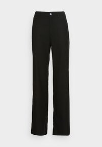 Zwarte, rechte broek van katoen. Voorzien van een knoop aan de voorkant, riemlussen en twee zijzakken. Gladde textuur en eenvoudig ontwerp.