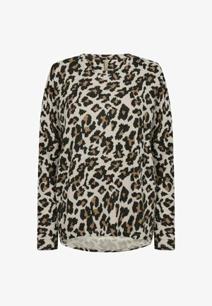 Leopard-print sweater featuring a relaxed fit, long sleeves, and a rounded neckline. Made from a soft, textured fabric in beige, black, and brown.
