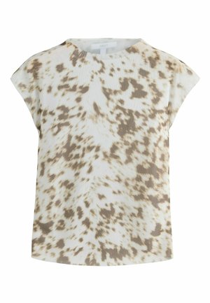 Bluzka z krótkim rękawem z beżowym i białym abstrakcyjnym zwierzęcym wzorem oraz okrągłym dekoltem.