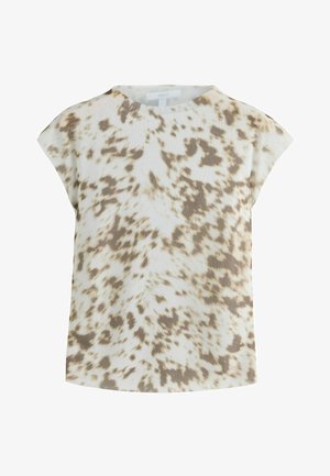 Kortærmet bluse med beige og hvidt abstrakt dyreprint og rund halsudskæring.
