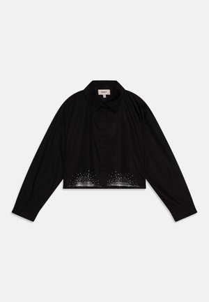 Blusa preta curta com mangas longas, gola pontuda, fecho frontal por botões e um padrão decorativo de bolinhas na bainha.