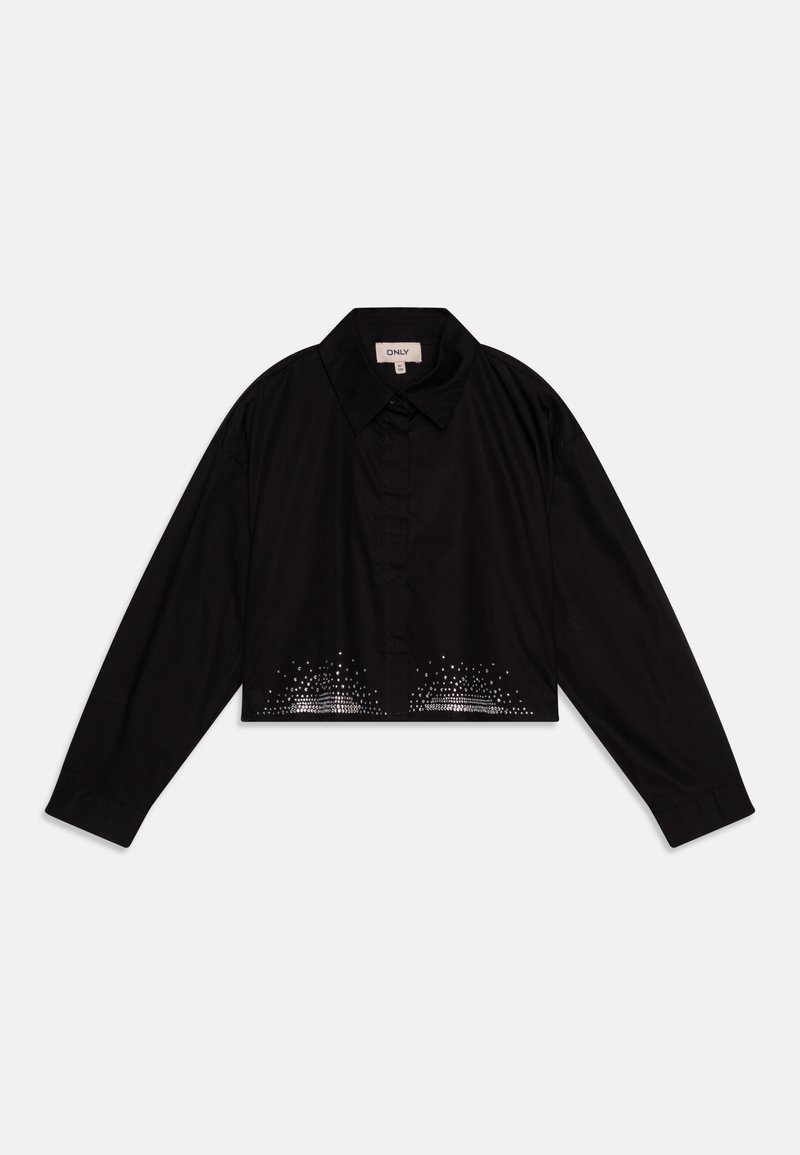 Blusa preta curta com mangas longas, gola pontuda, fecho frontal por botões e um padrão decorativo de bolinhas na bainha.