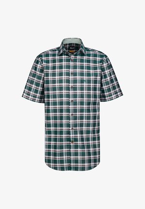 Camicia a maniche corte a quadri in verde scuro, con strisce bianche e marroni, colletto con bottoni e un piccolo logo ricamato sul petto.