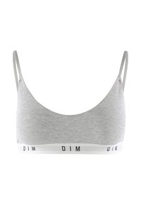 Bralette grigia con spalline sottili e regolabili, e un elastico bianco con la scritta "DIM" in caratteri neri. Tessuto morbido e liscio, design senza cuciture.