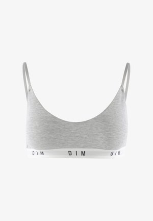 Grau Bralette mit dünnen verstellbaren Trägern und einem weißen Elastikband, auf dem "DIM" in schwarzer Schrift steht. Weicher, glatter Stoff, nahtloses Design.