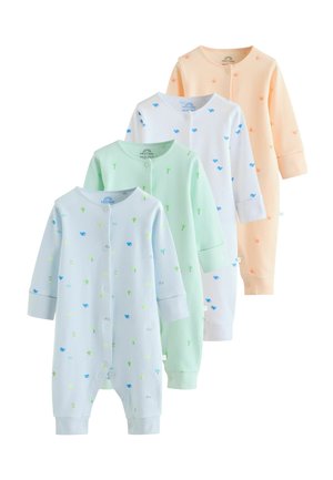 Four ribbed long-sleeve baby onesies in pastel orange, white, green, and light blue with small animal and plant prints, front snap closures.